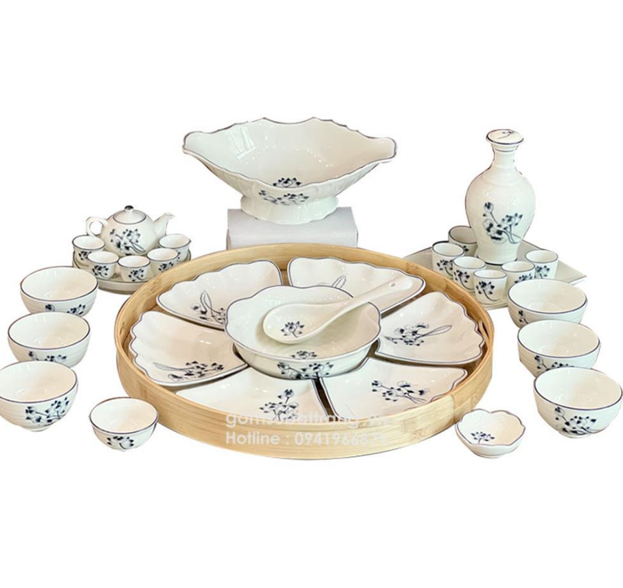 Bộ bát đĩa Bát Tràng cực đẹp vẽ hoa sen